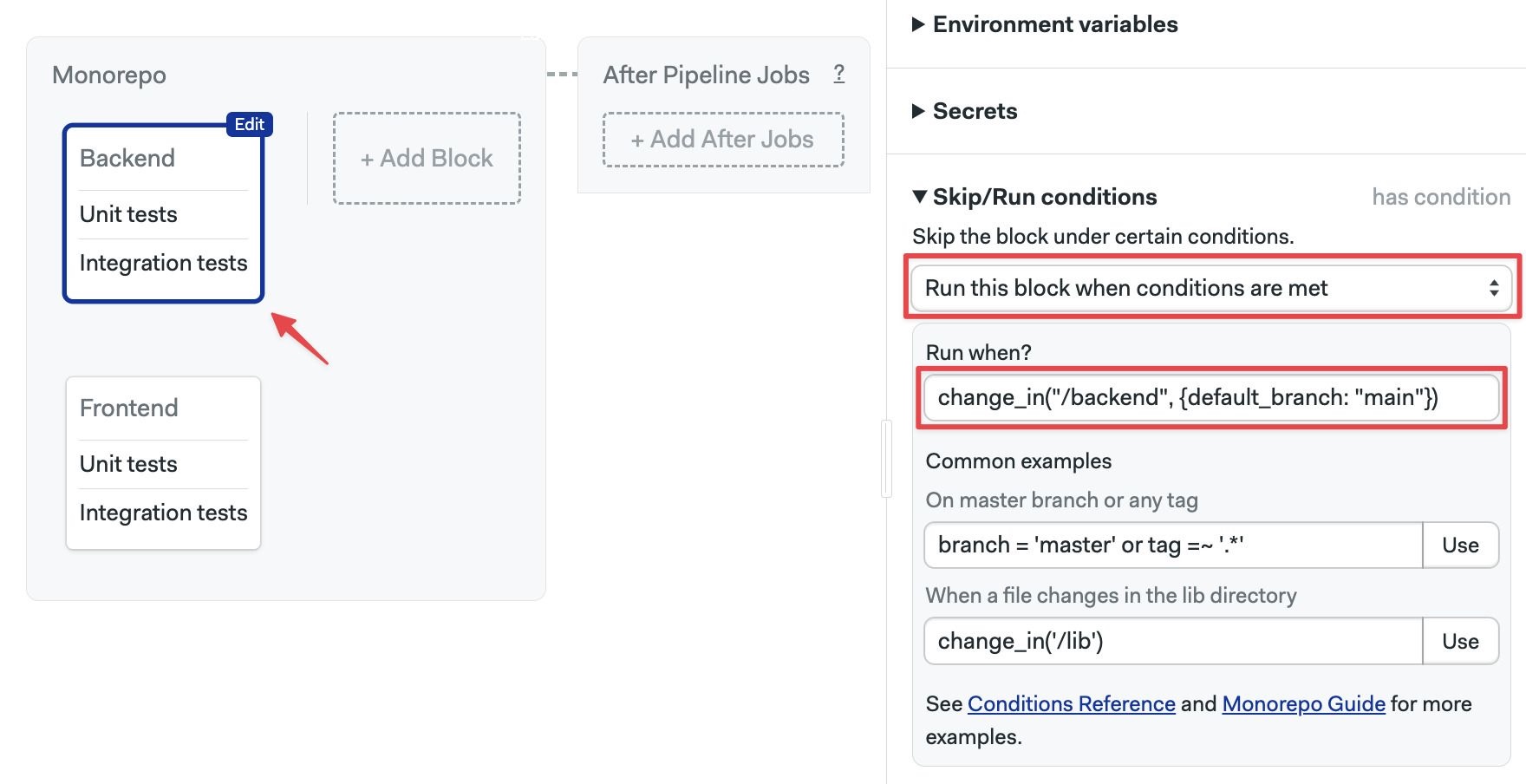 Setting up change conditions