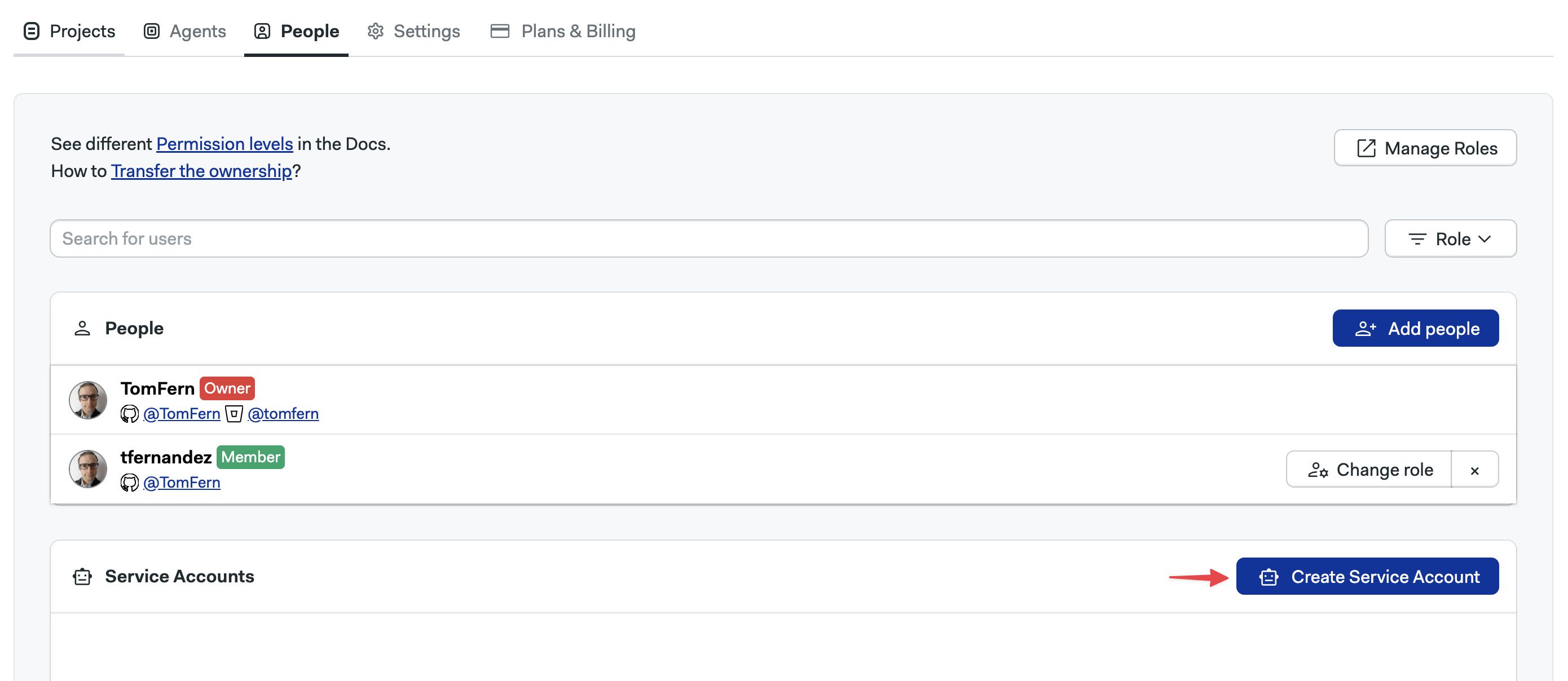 Create service account button
