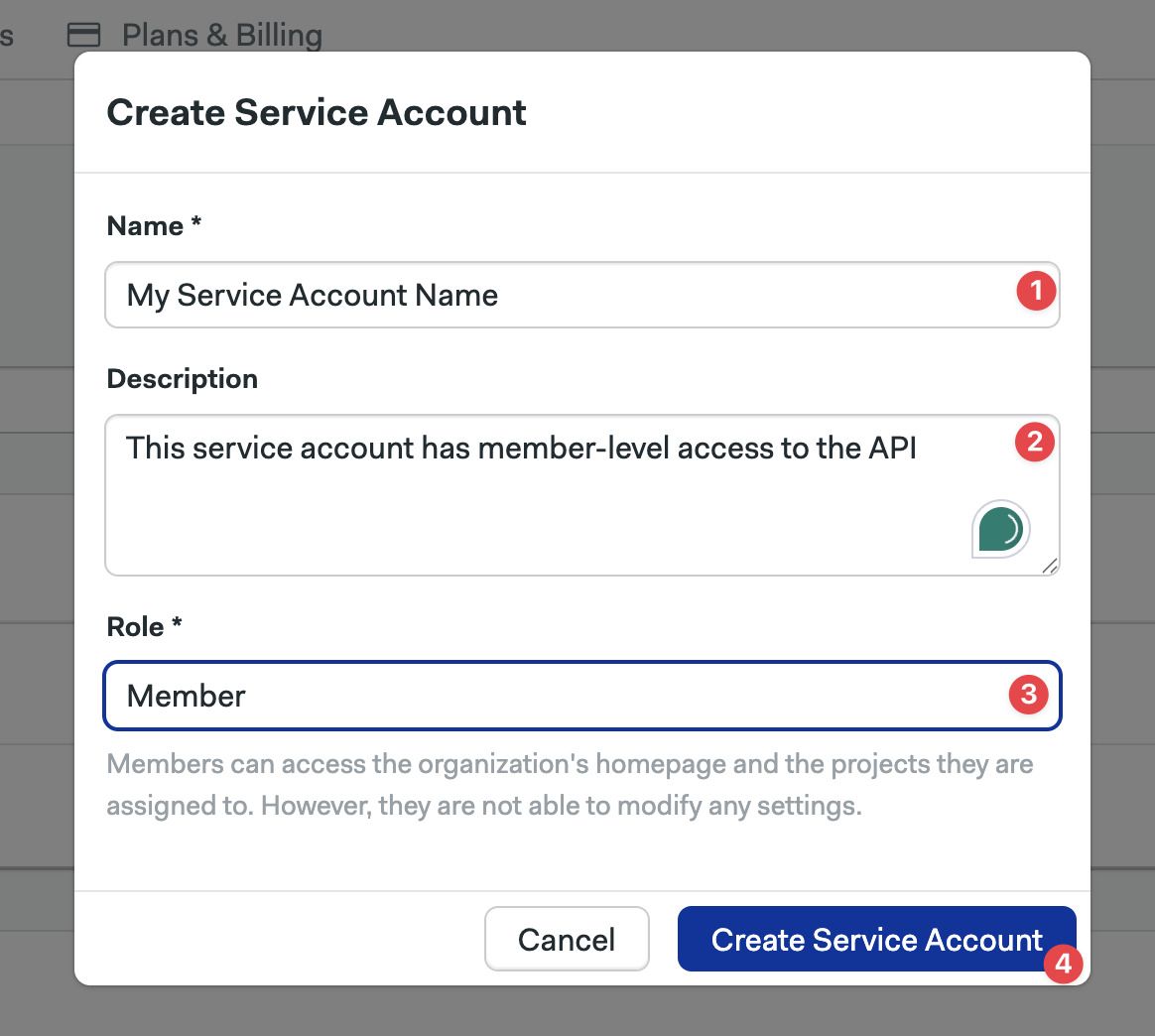 Service account creation modal
