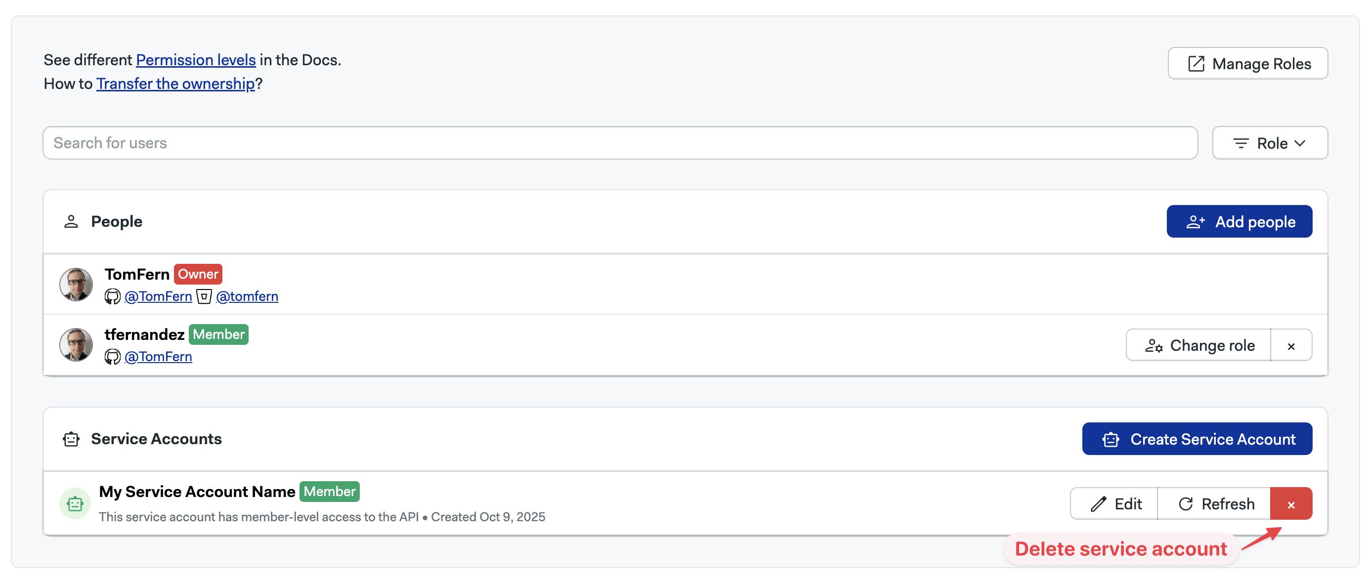 Create service account button