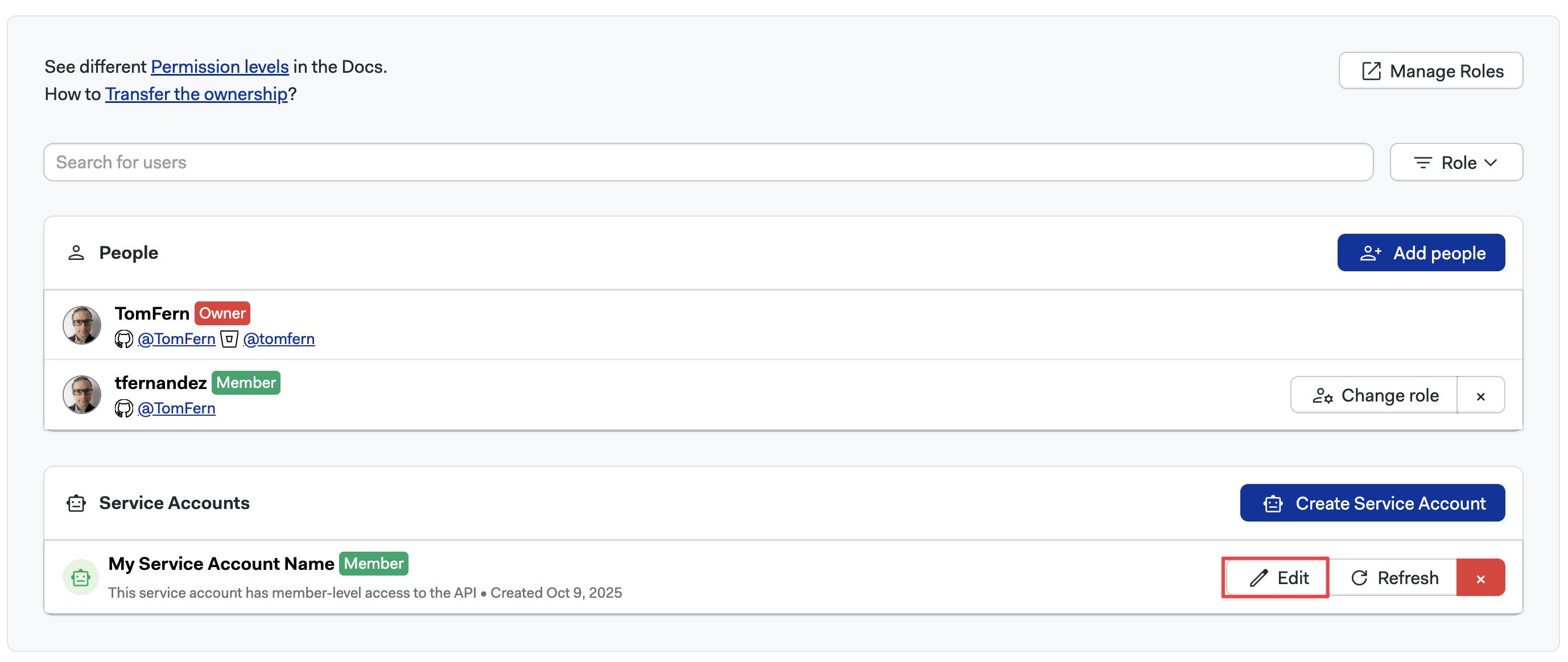 Create service account button