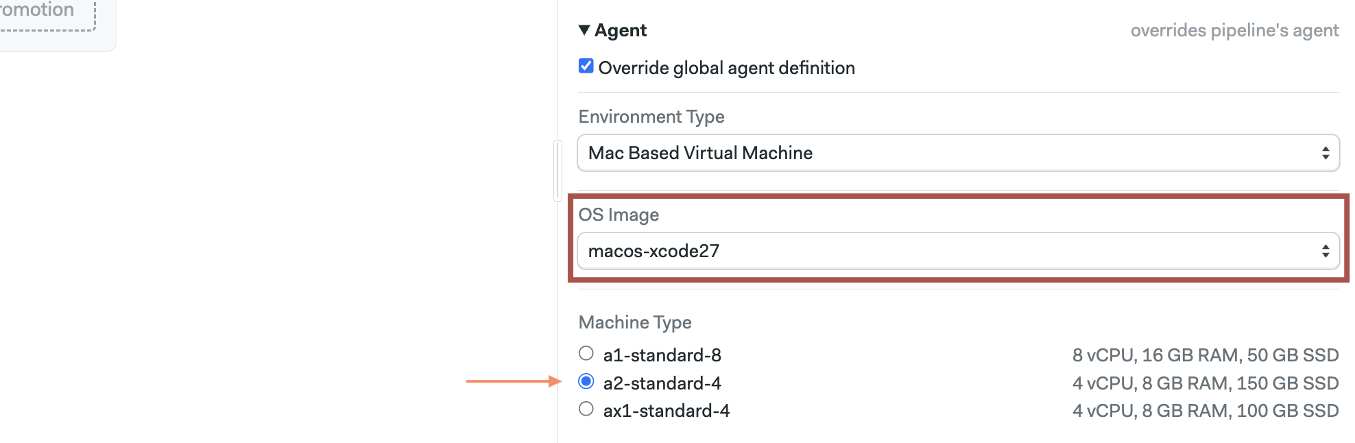 Selecting the macOS Xcode27 using the workflow editor