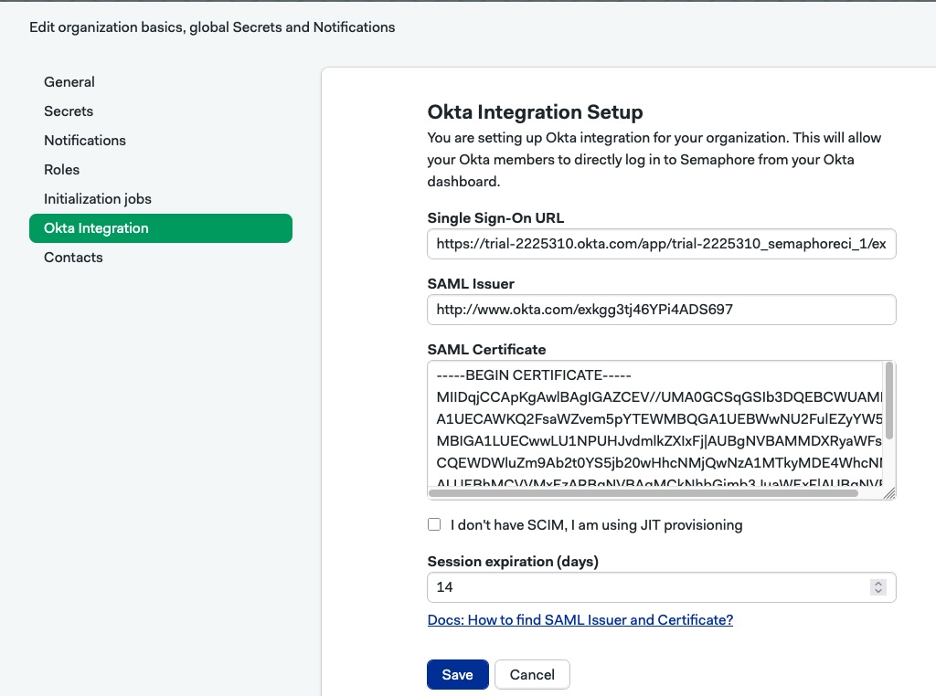 Set up SAML values on Semaphore