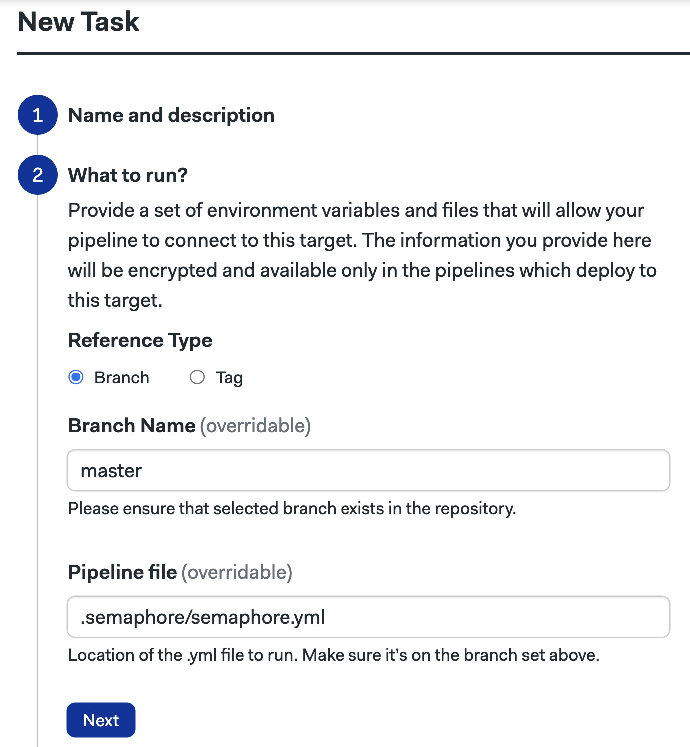 Task creation step 2: branch and pipeline